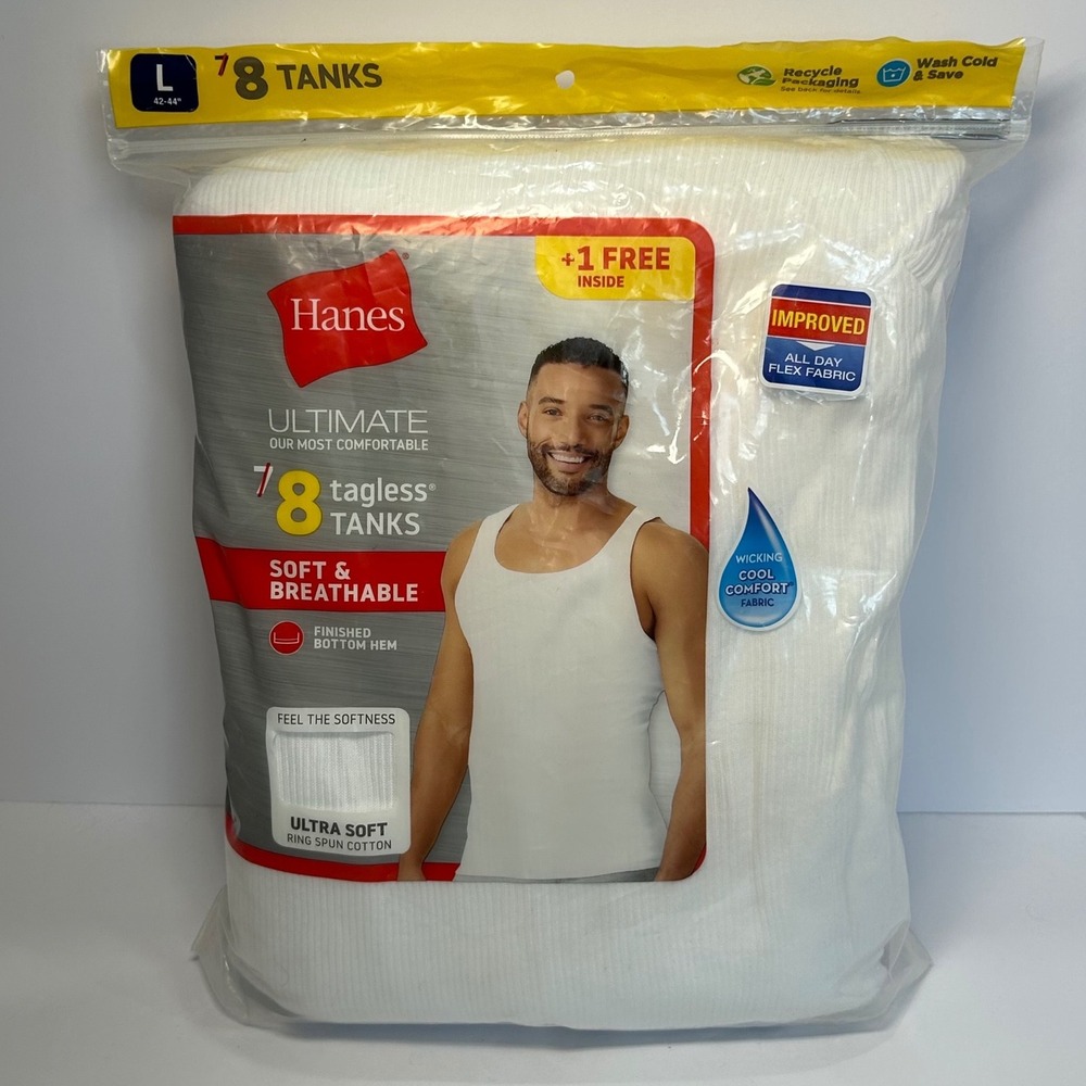 Hanes Ultimate Mens Tagless Tanks 8 Pack White Ribbed Cotton Undershirts Large